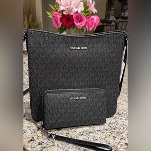 Michael Kors black large messenger crossbody and matching wristlet wallet, new!